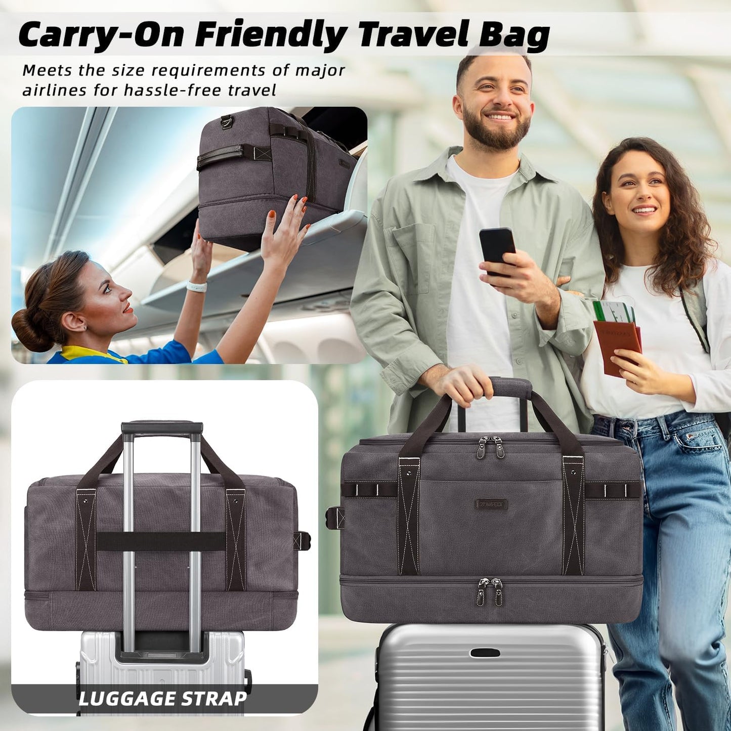 ZOMFELT Travel Duffle Bag for Men Women, Waterproof Canvas Overnight Duffel Bag with Removable Dividers & Shoe Compartment, Carry On Weekender Gym bag, Multi-Pocket & Vintage Design (Washed Grey)