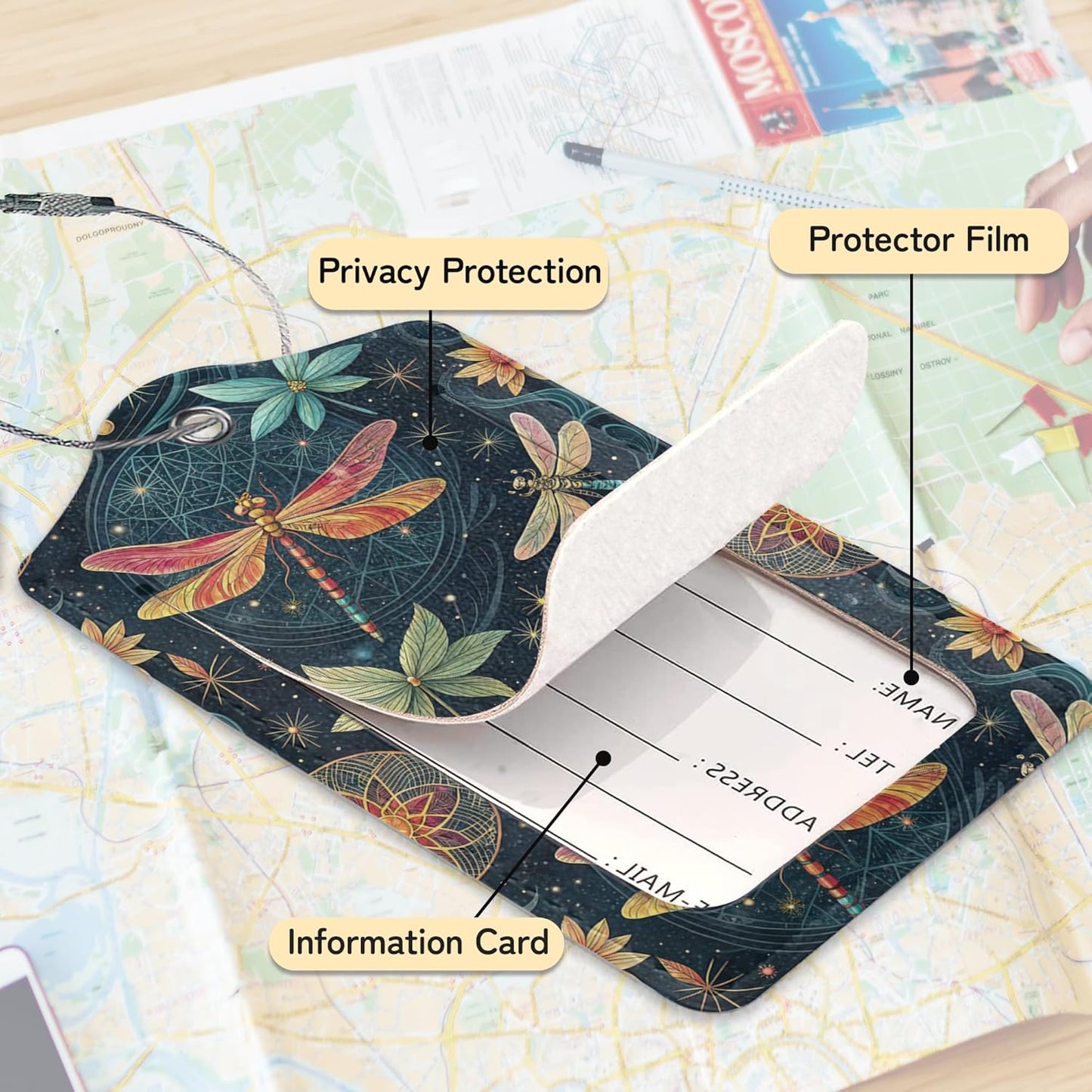 3 PCS Dragonfly Luggage Tags,Fantasy Dragonfly Suitcase Tags Privacy Cover ID Label with Stainless Steel Loop and Address Card for Travel Bag Suitcase