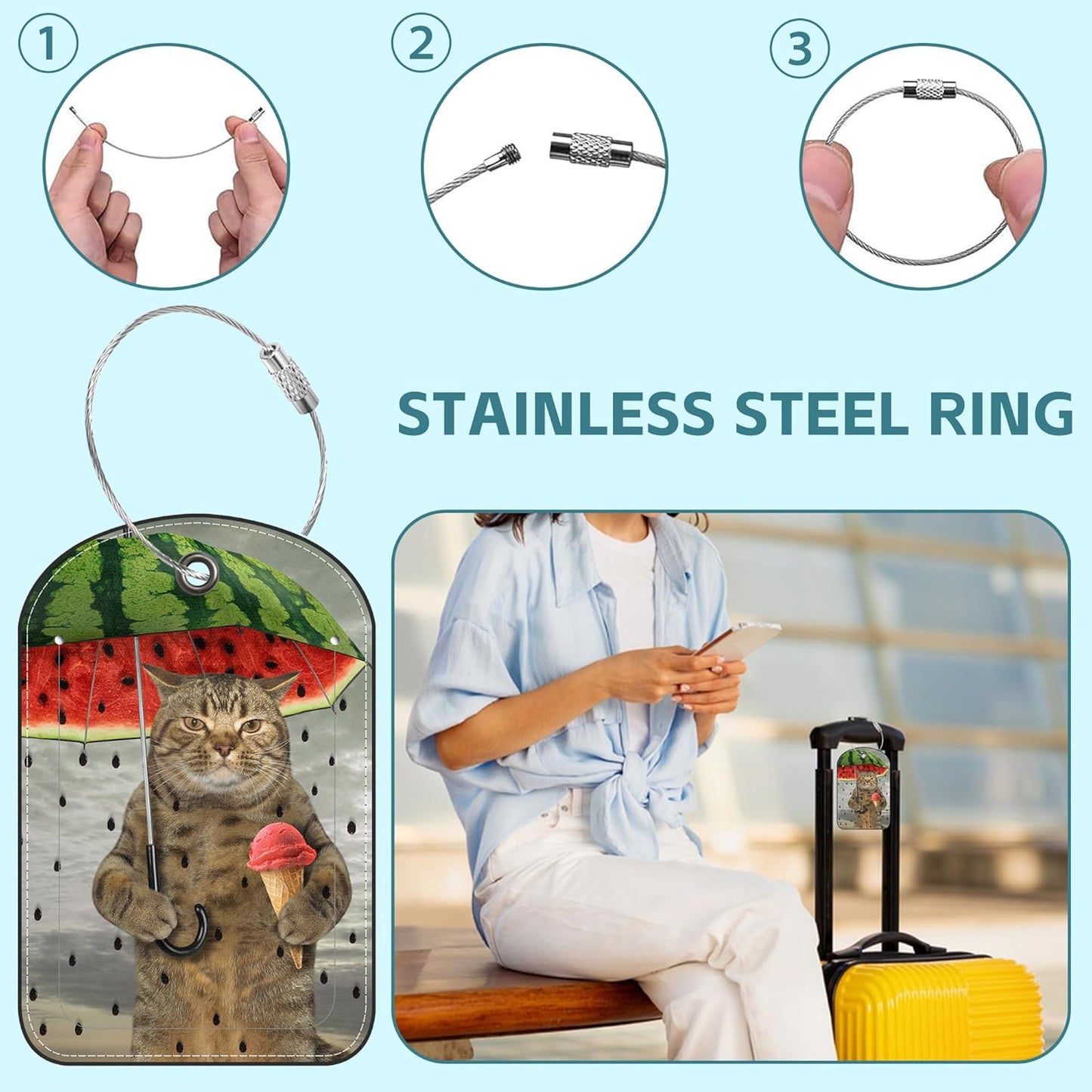 Cute Cat Luggage Tag for Suitcase Set of 2 PU Leather Cute Luggage Tags with Stainless Metal Loop ID Label Privacy Flap Suitcase Tags for Women and Men Travel