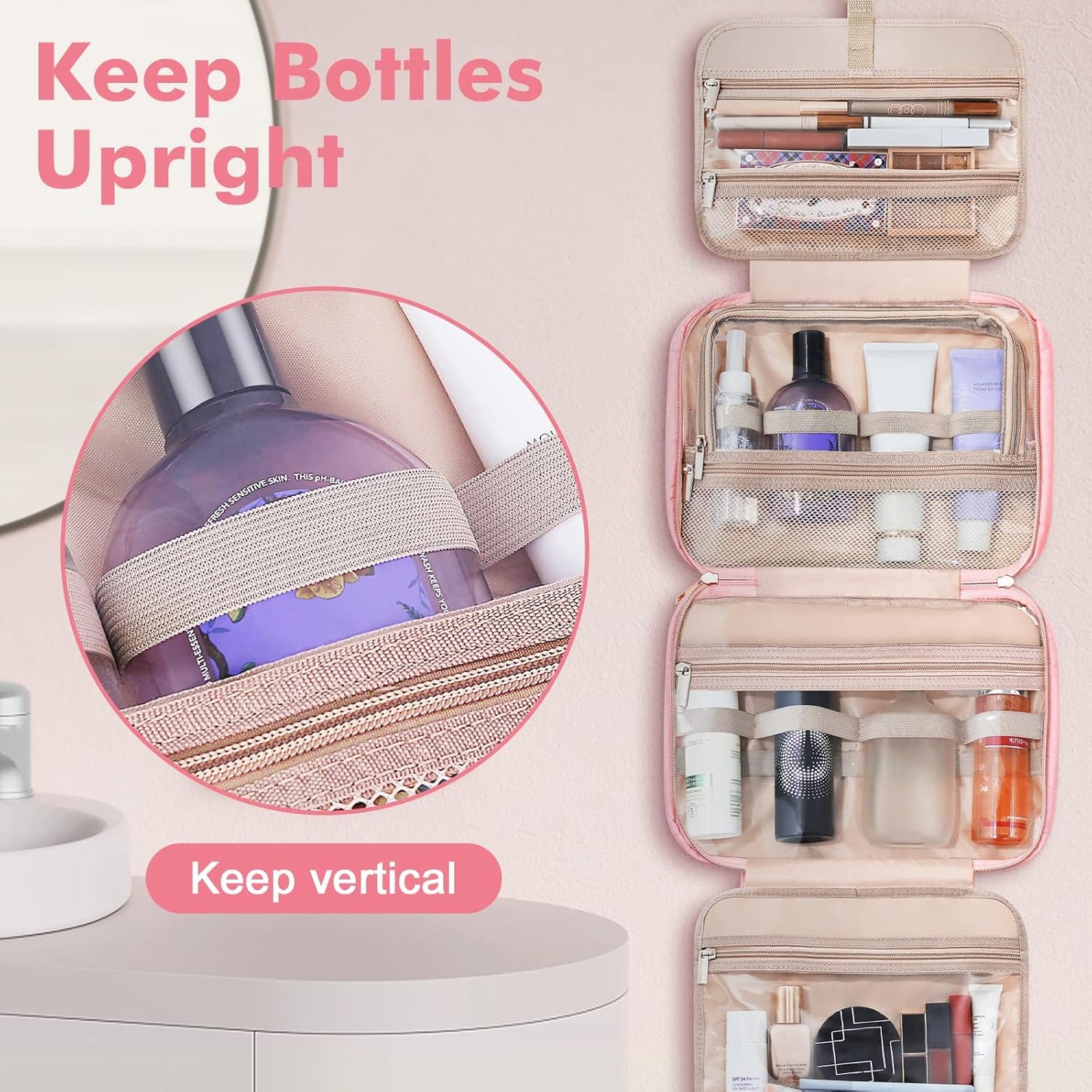 Wedama Toiletry Bag for Women, Large Cosmetic Travel Bag, Hanging Toiletry Bag for Bathroom, Thickened PVC Waterproof Travel Makeup Bag, Toiletries Bag for Travel Business Trips and Camping, Pink