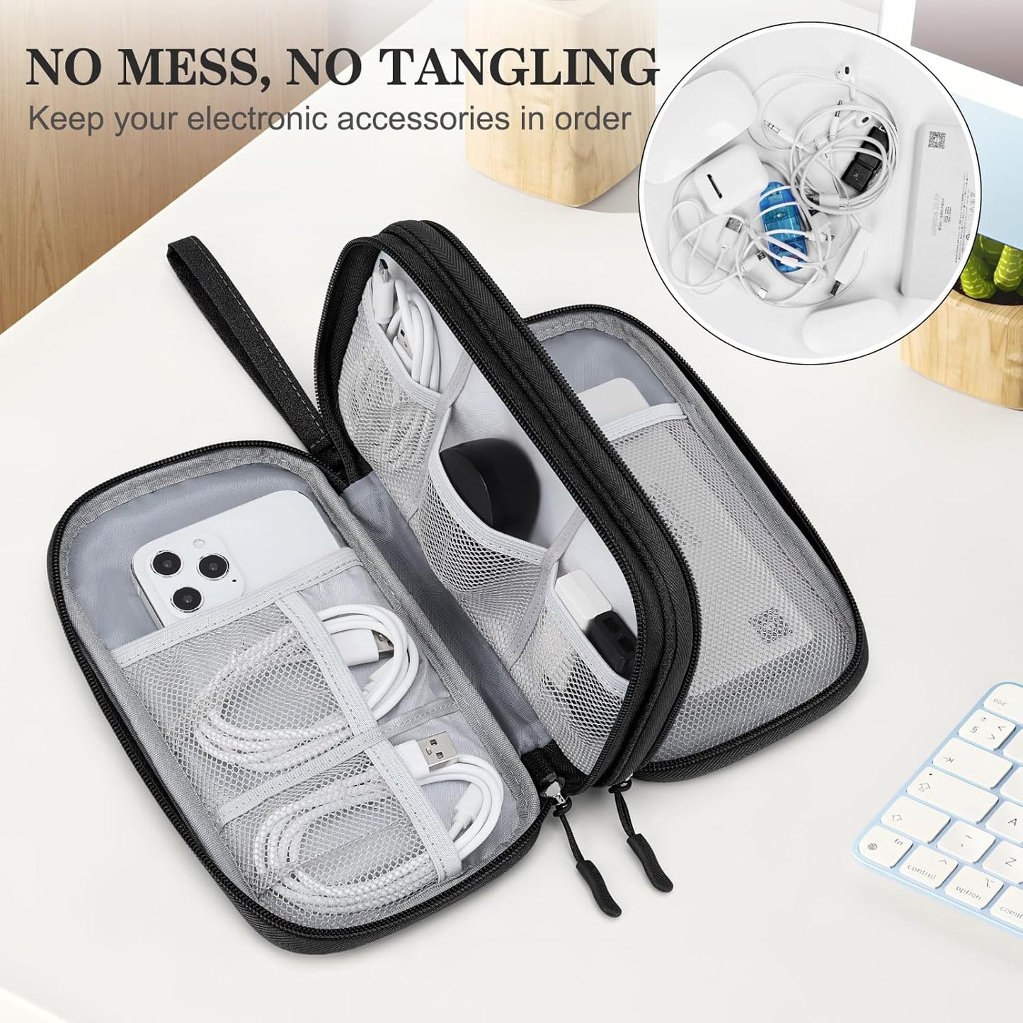 FYY Electronic Organizer, Travel Cable Organizer Bag Pouch Electronic Accessories Carry Case Portable Waterproof Double Layers Storage Bag for Cable, Cord, Charger, Phone, Earphone, Large Size, Black