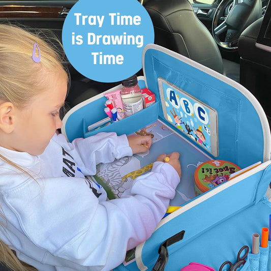 MENZOKE Kids Travel Tray for Boys or Girls, Travel Tray for Kids Car Seat with Tablet Holder, Dry Erase Board & Cooler Cup Holder, Road Trip Essentials Accessories for Car Trip, Airplane (2 Pack)
