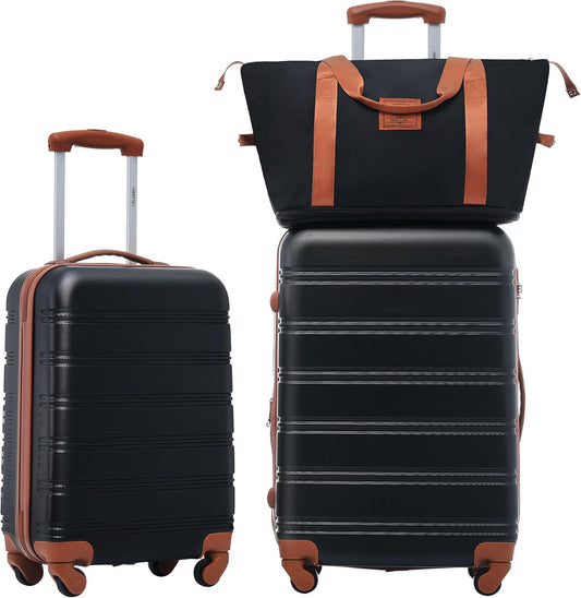Merax Luggage sets of 3 Piece 20 24 IN Carry on Luggage Hard Case Black and Brown Luggage Expandable Checked Luggage Suitcase Set with Wheels