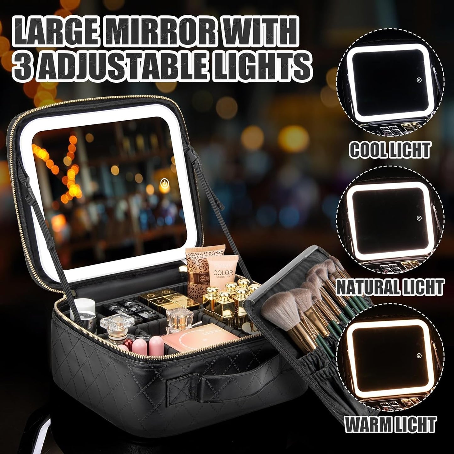 Makeup Travel Train Case with Mirror LED Light 3 Adjustable Brightness Cosmetic Bag Portable Storage Adjustable Partition Waterproof Makeup Brushes Makeup Jewelry Gift for Women