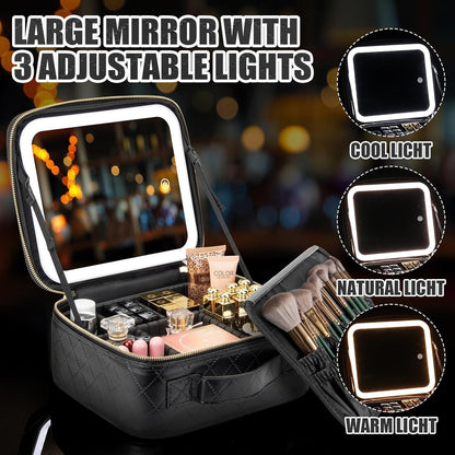 Makeup Travel Train Case with Mirror LED Light 3 Adjustable Brightness Cosmetic Bag Portable Storage Adjustable Partition Waterproof Makeup Brushes Makeup Jewelry Gift for Women