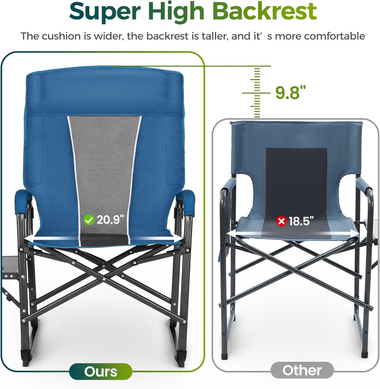 ALPHA CAMP Oversized Folding Camping Chairs High Backrest Reclining Director Heavy Duty Lawn Chairs for Adults Support 300 LBS Fishing Chairs with Large Side Table Cup Holders for Outdoor Fishing
