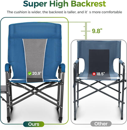 ALPHA CAMP Oversized Folding Camping Chairs High Backrest Reclining Director Heavy Duty Lawn Chairs for Adults Support 300 LBS Fishing Chairs with Large Side Table Cup Holders for Outdoor Fishing