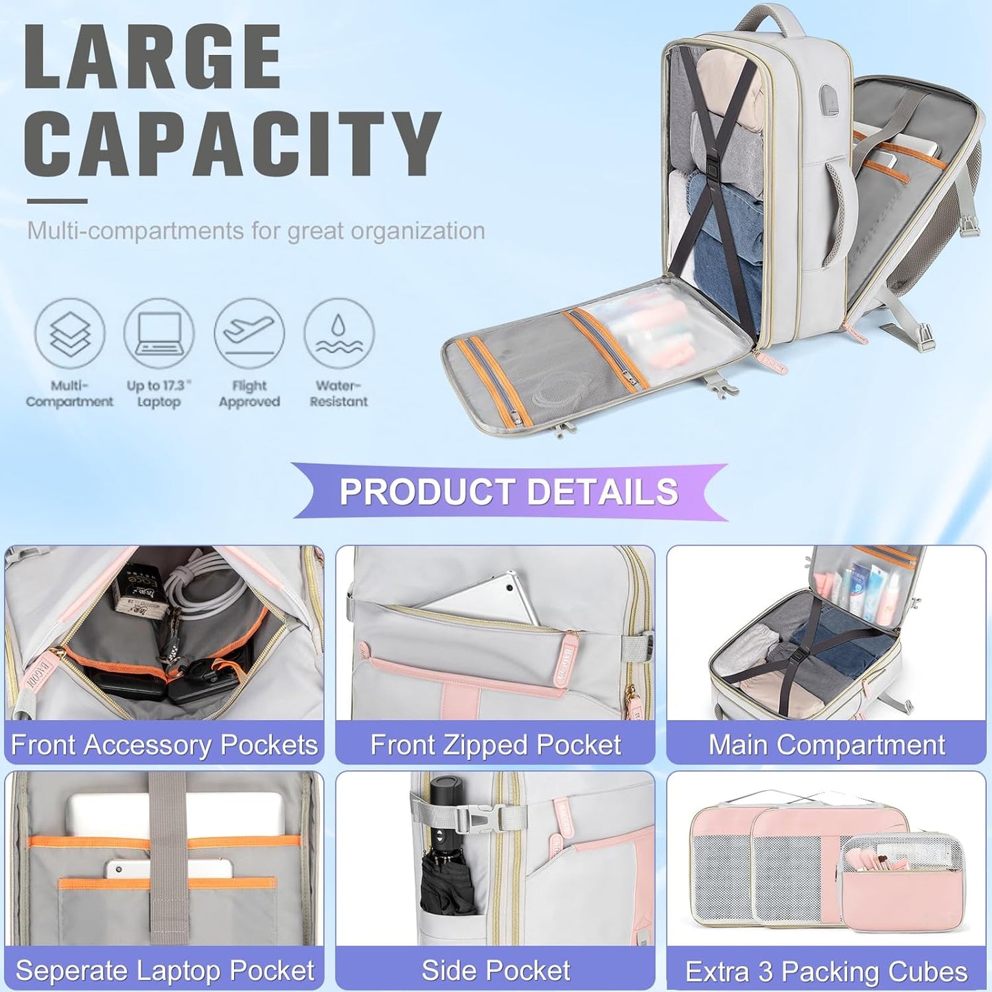 42L Travel Laptop Backpack, Expandable Carry-on Luggage, Anti-Theft Business Weekender Bag with USB Port, 3 Packing Cubes & Shoe Bag (Grey)