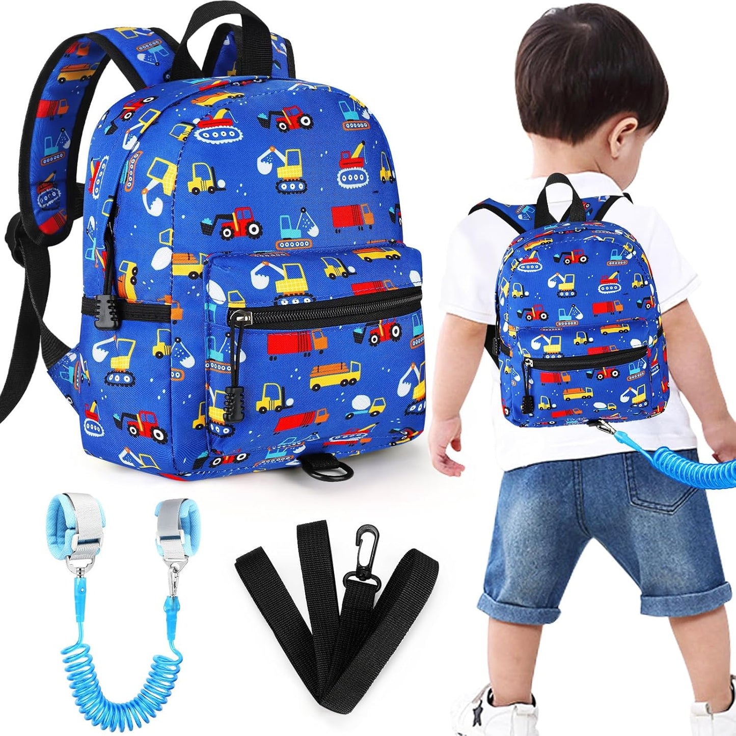 Accmor Toddler Backpack Leash with Anti Lost Wrist Link, Cute Mini Child Walking Harnesses Keep Kids Close Back Pack Rope Tether Rein for Baby Boys (Blue/Excavator)