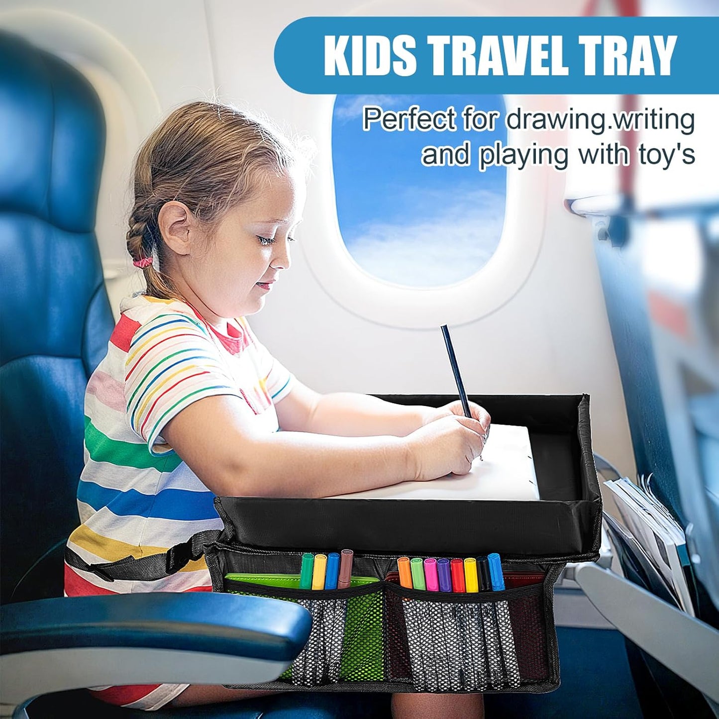 Children Auto Lap Pad - Travel Tray Tablet Holder，Car Seat Lap Tray for Toddlers, Kids，Use on Airplanes, Road Trips, Lap Desk，Tablet Holder and Carry Bag (Black)