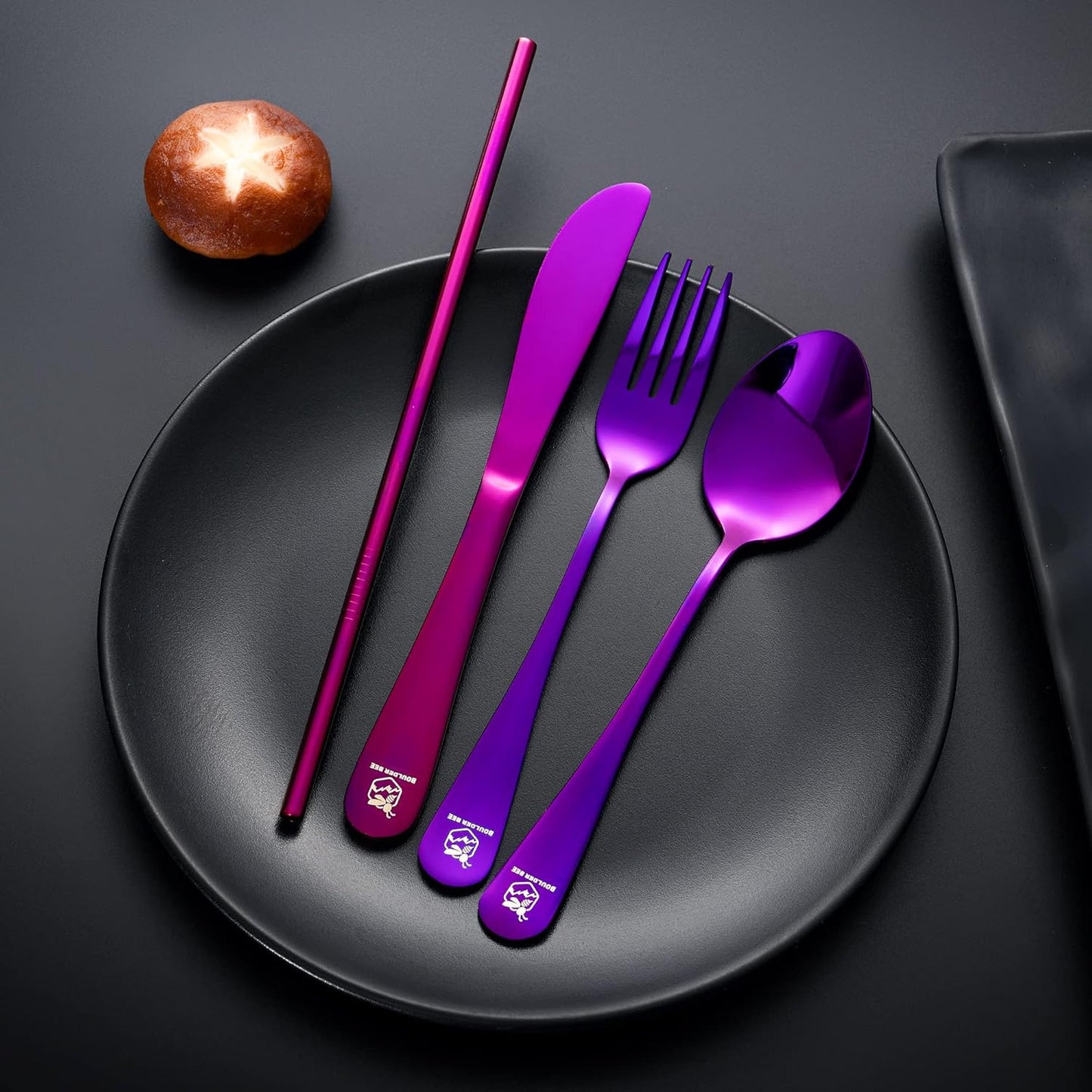 Boulder Bee | Travel Utensils Set | Reusable Camping Cutlery Set | Stainless Steel Flatware Set | Portable Silverware Set with Case | Includes Knife/Fork/Spoon/Straw/Cleaning Cloth/Case (Purple)