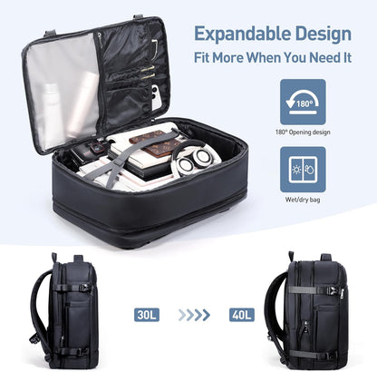 SHOWKOO Travel Backpack For Man Women, Airline Approved Carry On Laptop Backpack For Business, 40L Expandable Large Capacity Backpack, Black