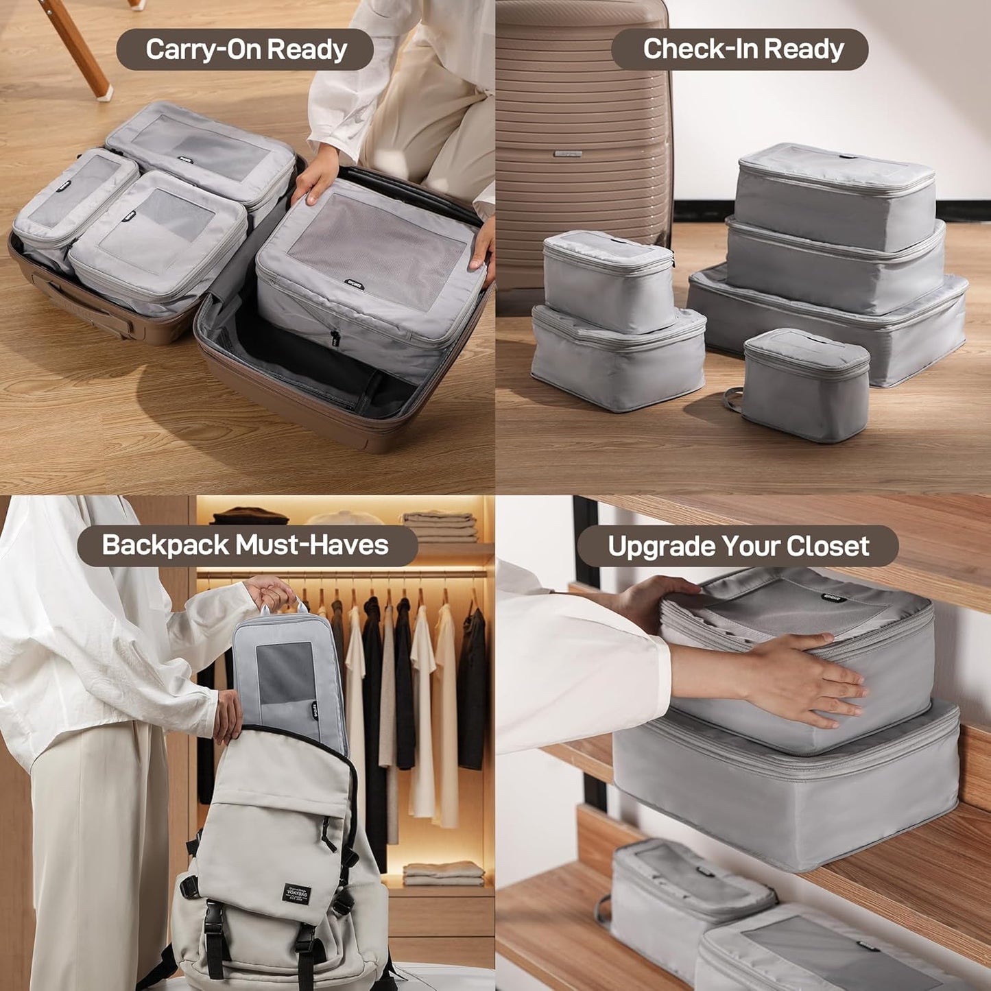 EPICKA TripCozy Compression Packing Cubes - 6 Set Durable Travel Organizer Bags with Mesh Top, Expandable Travel Accessories for Carry on, Luggage, Suitcase, Backpack (Light Grey)