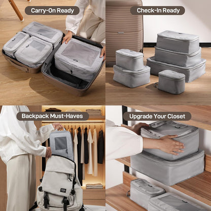 EPICKA TripCozy Compression Packing Cubes - 6 Set Durable Travel Organizer Bags with Mesh Top, Expandable Travel Accessories for Carry on, Luggage, Suitcase, Backpack (Light Grey)