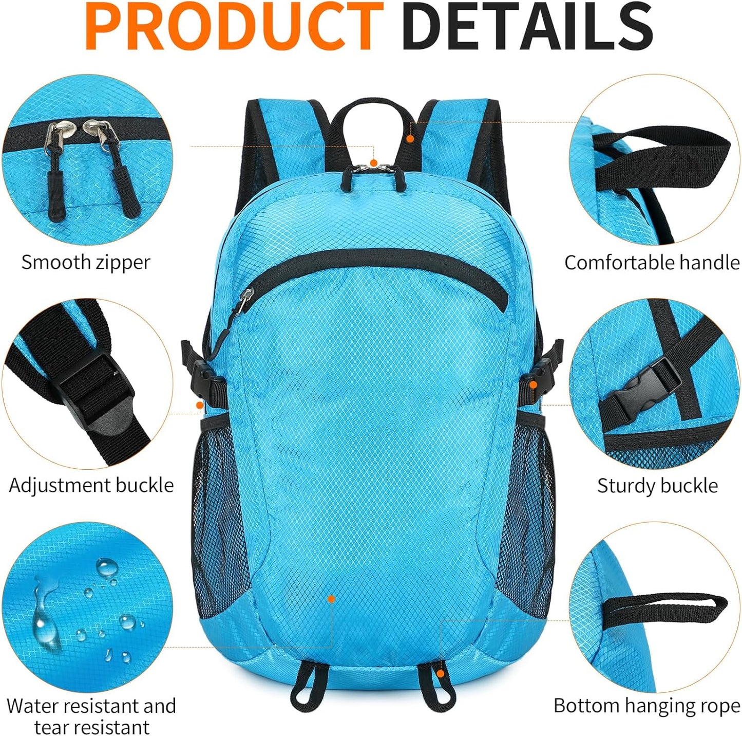 Small Hiking Daypack,15L Waterproof Hiking Backpack Packable Lightweight Travel Day Pack for Women Men (Blue, Small)