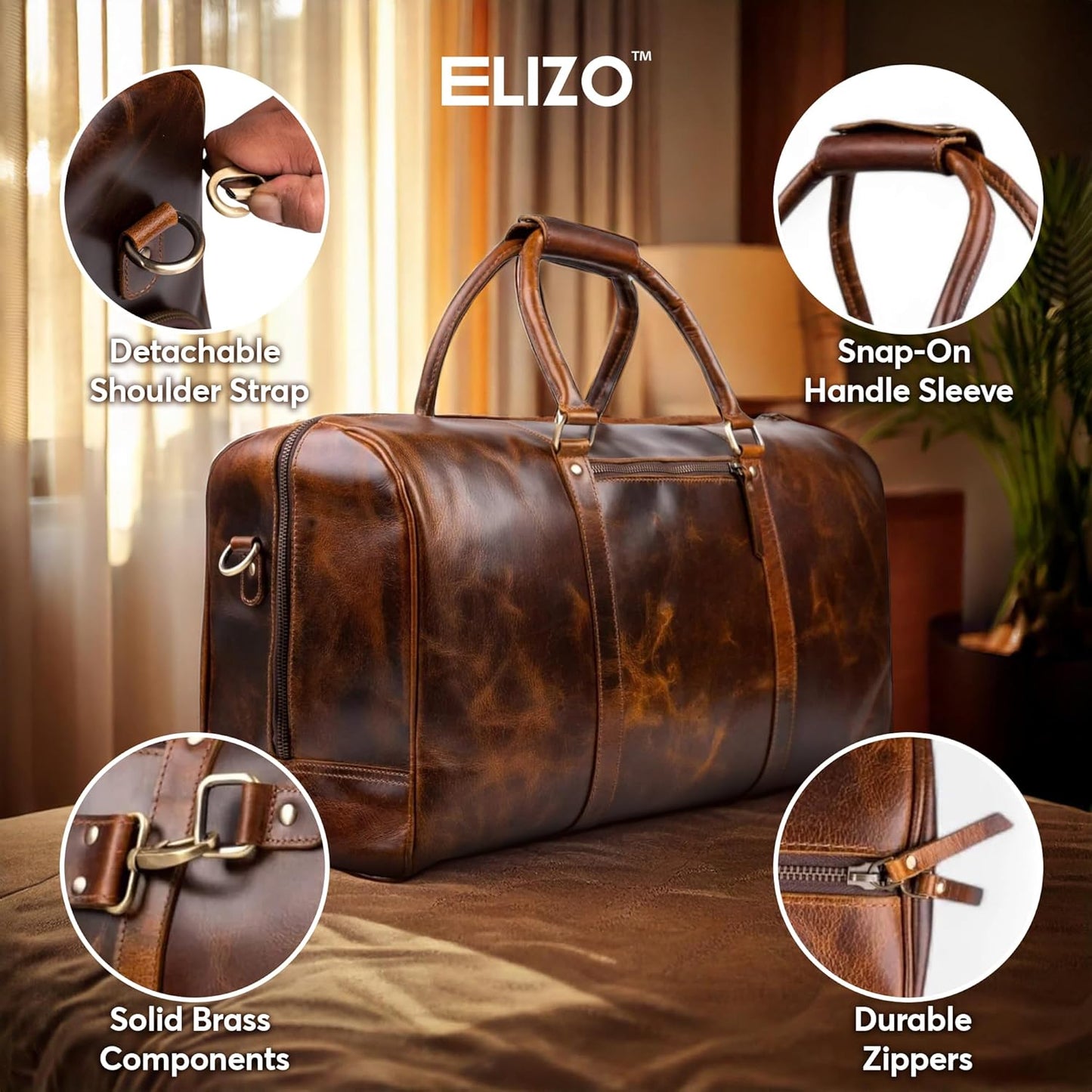 ELIZO Personalized Leather Duffle Bag For Men Women REAL FULL GRAIN Custom Travel Overnight Weekender Carry On Luggage Sports Gym Bags (Antique 20 Inch) Legacy