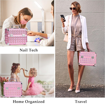 Makeup Case Organizer,Makeup Train Case, Trays Cosmetic Box Portable, Profesional for Salon Barber,Pink