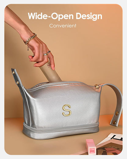 Teenage Girls Gifts Ideas, Personalized Makeup Bag with Handle, Initial Double Layer Cosmetic Bag with Makeup Brush Organizer, Cute Cosmetic Pouch for Women, Gifts for Friends Female Mom