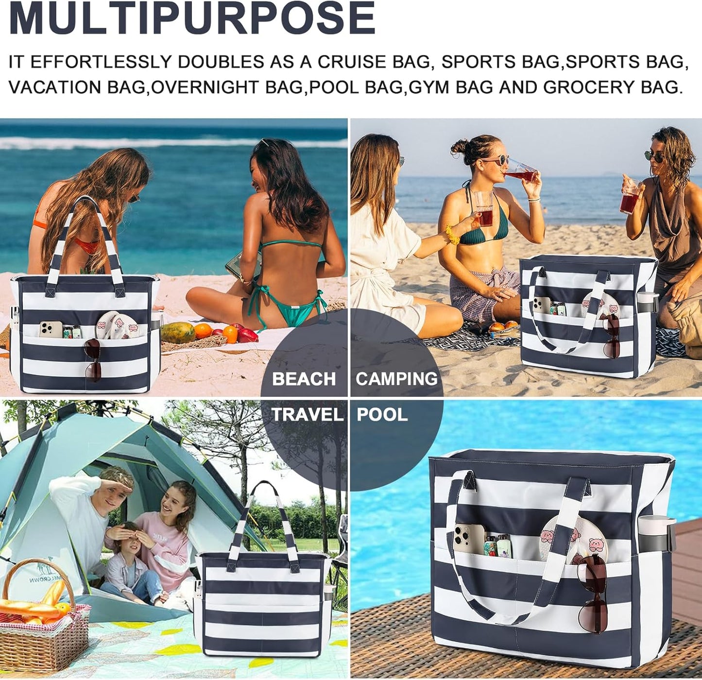 Waterproof Beach Tote Pool Bags for Women Ladies Extra Large Gym Tote Carry On Bag With Wet Compartment for Weekender Travel