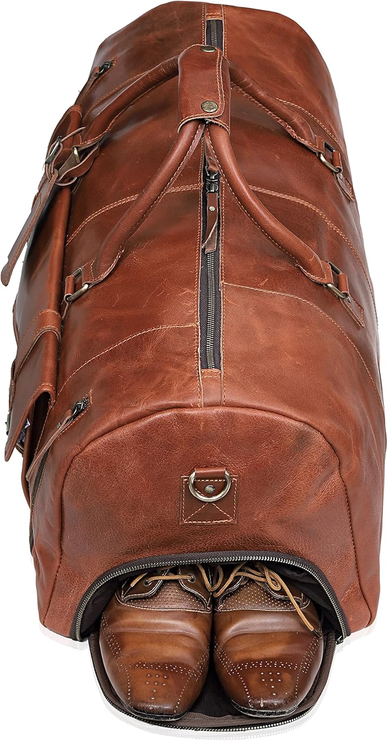 20 Inch Leather Duffle Bag Handmade Rustic Overnight Weekend Bag for Men, Gym Sports Travel Tote Bag Luggage Carry On Flight Cabin Duffel Bag with Shoe Compartment for Men & Women