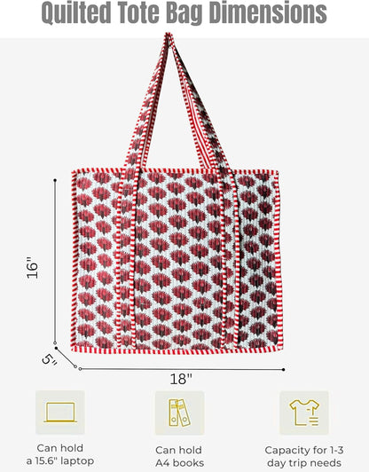 Cotton Quilted Tote Bag for Women – Large Beach & Travel Tote with Zipper, Reusable Grocery Bag