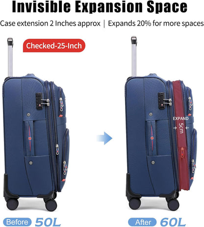 Softside Expandable Luggage with 4 Spinner Wheels, Durable Carry-On Luggage Suicase (Blue, 2-Piece Set 21/25)