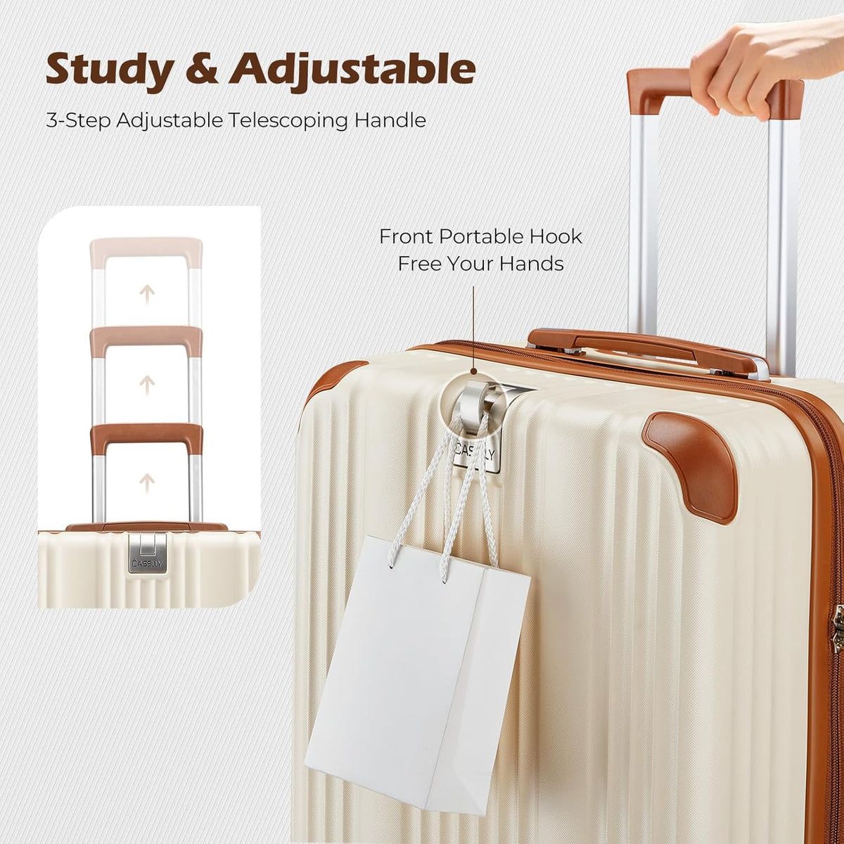 Luggage Set with PC+ABS Hardshell TSA Lock Spinner Wheels Carry on Lightweight Suitcase，YKK Zippers,Cup Holder(Beige, Carry-on 20 Inch)