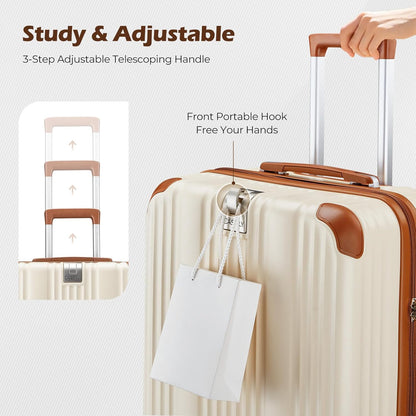 Luggage Set with PC+ABS Hardshell TSA Lock Spinner Wheels Carry on Lightweight Suitcase，YKK Zippers,Cup Holder(Beige, Carry-on 20 Inch)