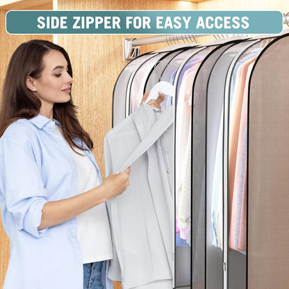 10" Gusseted Garment Bags for Hanging Clothes 40" Suit Bags for Open Closet Storage, Side Clear Clothing Cover for Coat, Dress, Jacket, Shirt, Fur Wardrobe Protector, 3 Packs, Grey