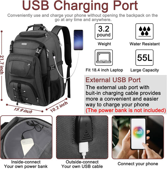 TSA Friendly Travel Laptop Backpack 18.4 inch XXXL Gaming Backpack Water-Repellent College Daypack Business Backpack with RFID Pockets & USB Port for Men