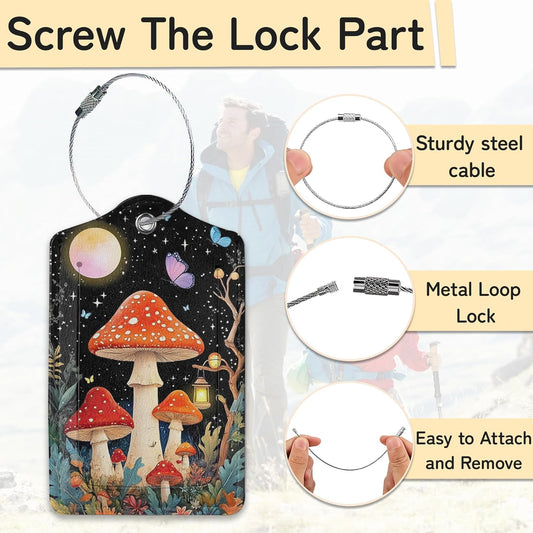 3 PCS Mushroom Luggage Tags,Colorful Butterfly Moon Star Suitcase Tags Privacy Cover ID Label with Stainless Steel Loop and Address Card for Travel Bag Suitcase