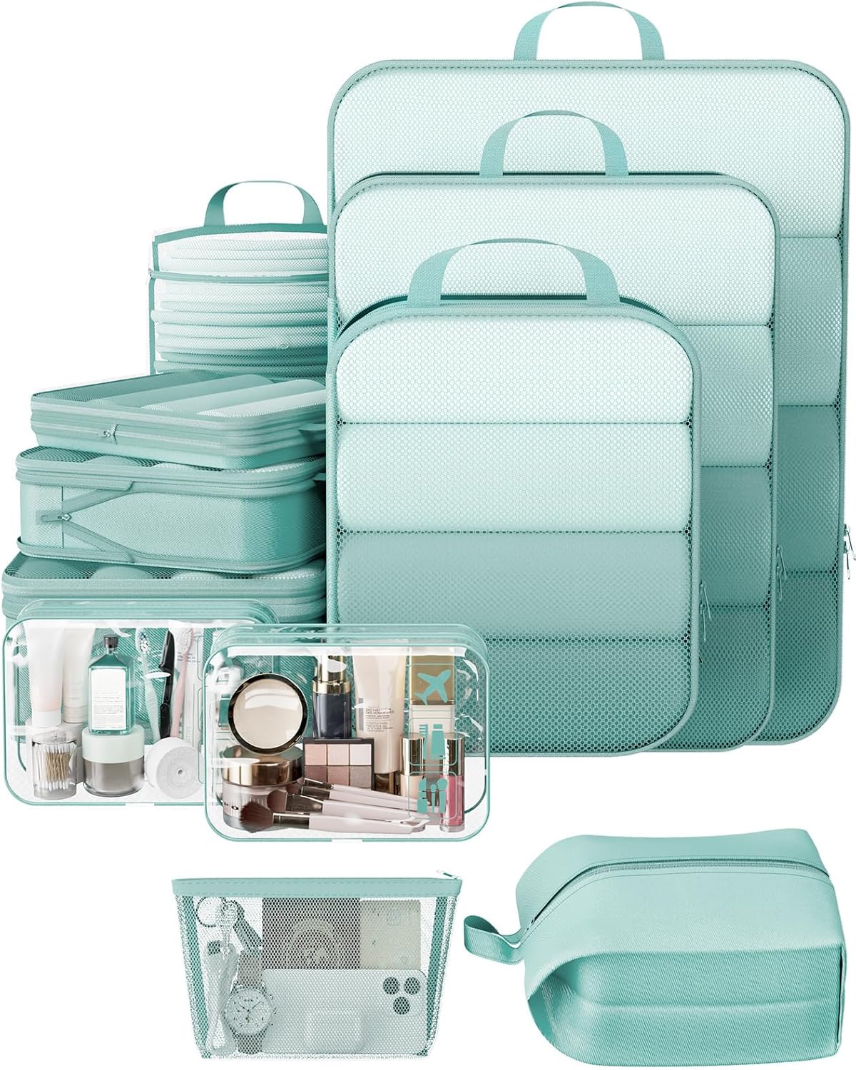 Veken 11 Set Compression Packing Cubes for Travel Essentials,Compressible Expandable Large Luggage Suitcase Organizer Bags for Clothing,Durable Space Saver Storage Bags with Toiletry Bags(Blue Green)