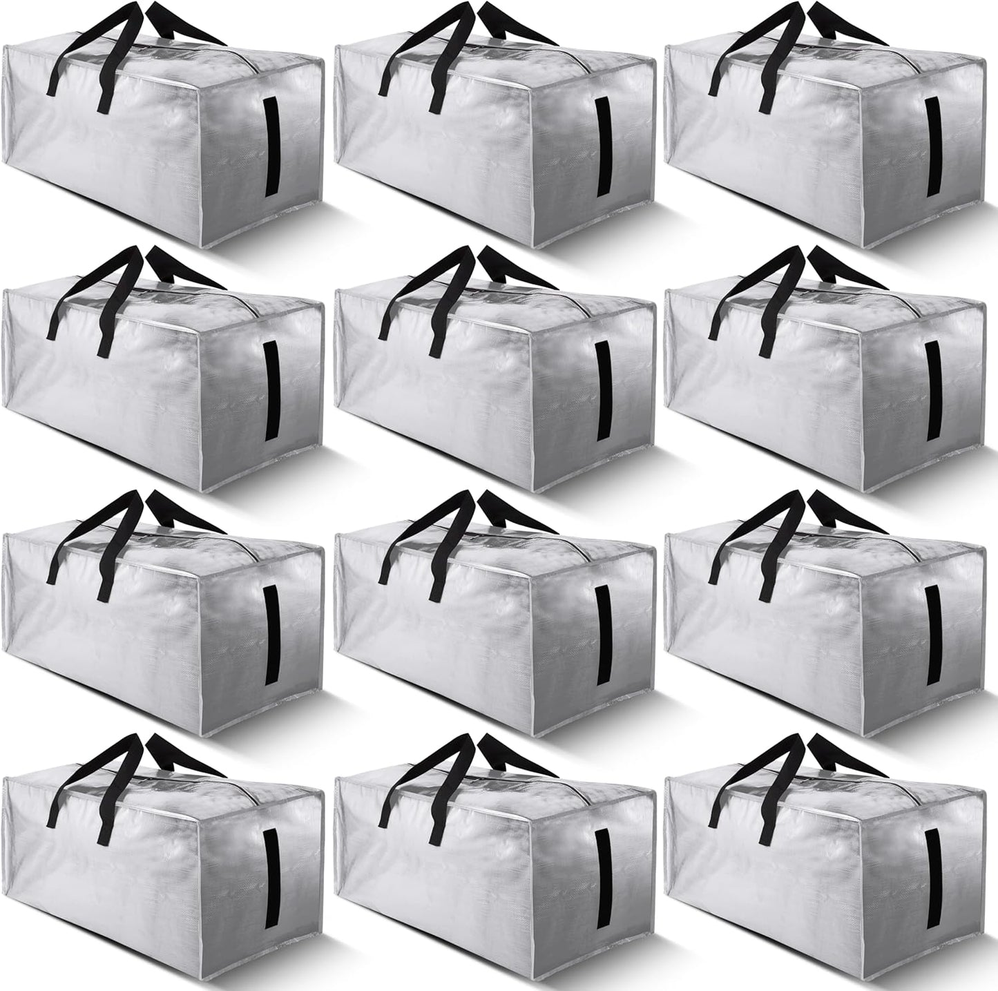 12 Pack Large Strong Moving Bags with Zippers & Carrying Handles - Water-Resistant - Heavy Duty Storage Tote for Space Saving Moving Storage, Fold Flat, Alternative to Moving Box (Silver)