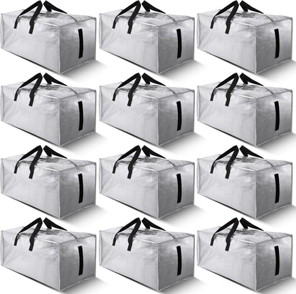 12 Pack Large Strong Moving Bags with Zippers & Carrying Handles - Water-Resistant - Heavy Duty Storage Tote for Space Saving Moving Storage, Fold Flat, Alternative to Moving Box (Silver)
