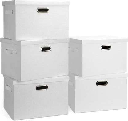 Large 17" 36 Quart Collapsible Stackable Storage Bins with Lids, 5 Packs White Linen Fabric Closet Boxes with Lids, Storage Cube Baskets Container Organizers for Bedroom Office(17 x12 x11)