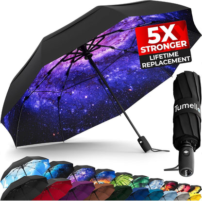 TUMELLA Strongest Windproof Travel Umbrella (Compact, Superior & Beautiful), Small Strong but Light Portable and Automatic Folding Rain Umbrella, Durable Premium Grip, Fits Car & Backpack