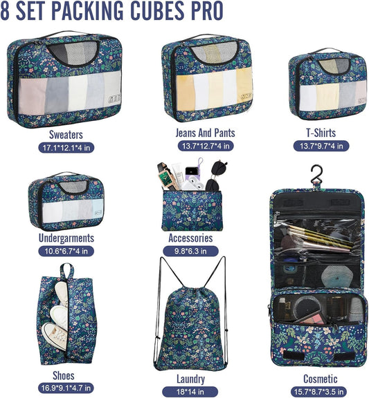 Veken 8 Set Packing Cubes for Travel Essentials, Suitcase Organizer Bags in 4 Sizes, Carry-On Luggage Accessories with Large Laundry & Hanging Toiletry Bag, Must-Have for Airplane, Road Trip & Camping