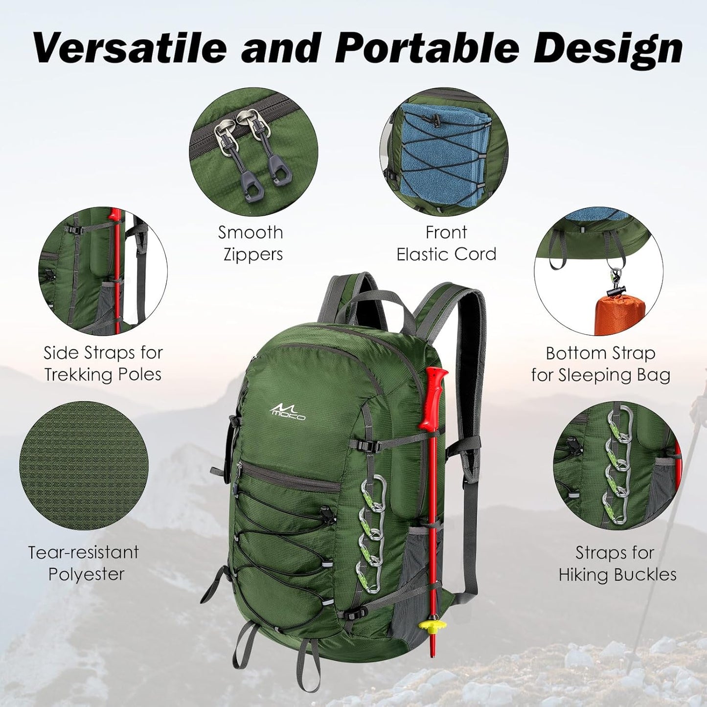 MoKo Hiking Backpack, 40L Large Capacity Camping Backpack with Multiple Pockets, Tear-Resistant Travel Daypack for Men Women, Packable and Lightweight Hiking Daypack for Travel Camping Outdoor, Olive