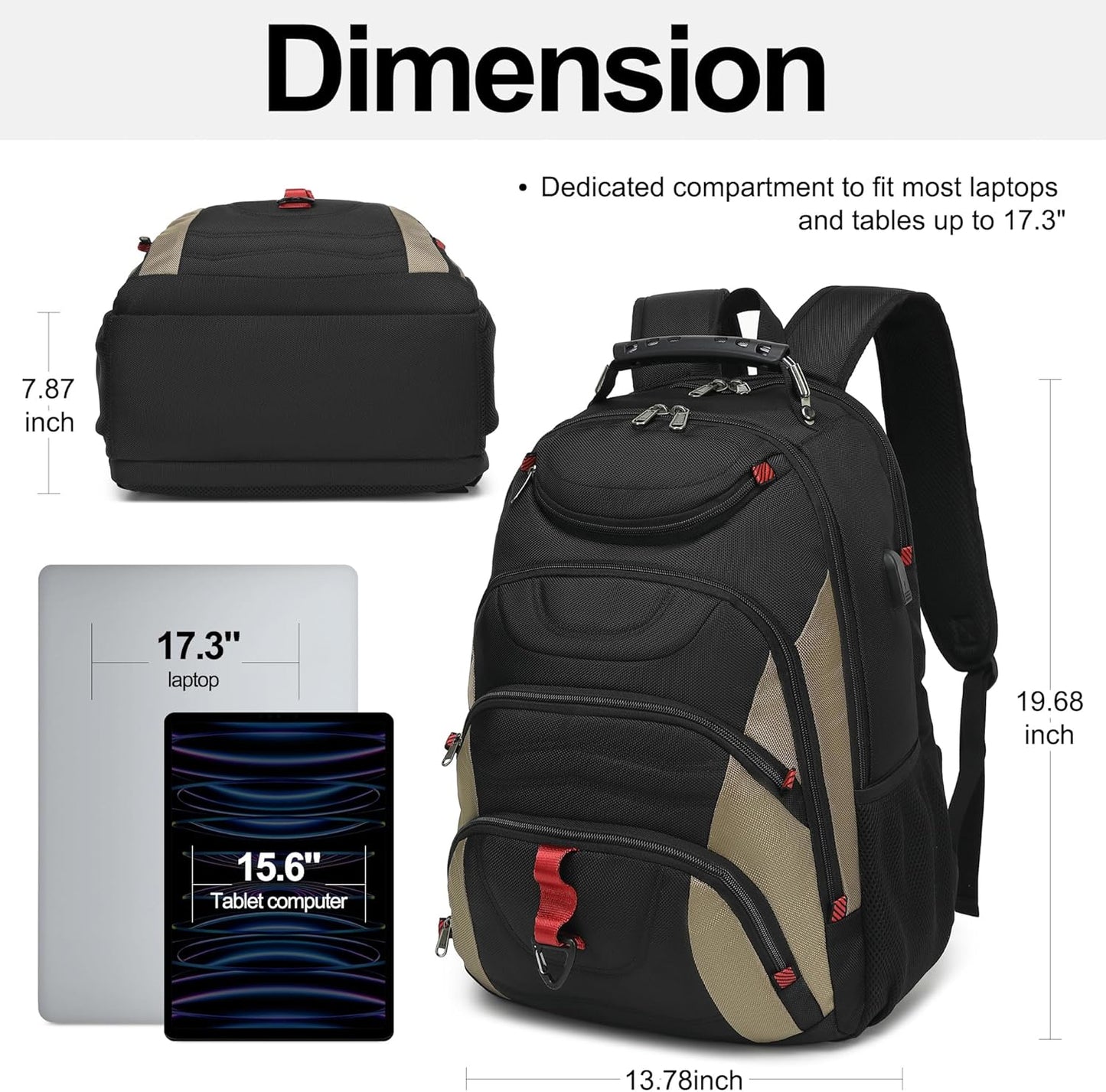 Boavan Laptop Backpack for men, 17.3 inch Laptop Bag with USB Port, Waterproof Travel Work Backpack Purse, Anti-Theft Teacher Nurse Doctor Casual Bookbags Office Business backpack，Black&Khaki