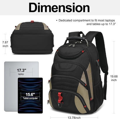 Boavan Laptop Backpack for men, 17.3 inch Laptop Bag with USB Port, Waterproof Travel Work Backpack Purse, Anti-Theft Teacher Nurse Doctor Casual Bookbags Office Business backpack，Black&Khaki