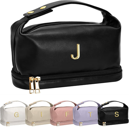 Personalized Gifts for Women, Gift for Teens Makeup Bag with Handle, Double Layer Cosmetic Bag with Makeup Brush Organizer, PU Leather Travel Toiletry Bag, Gifts for Friends Female Mom