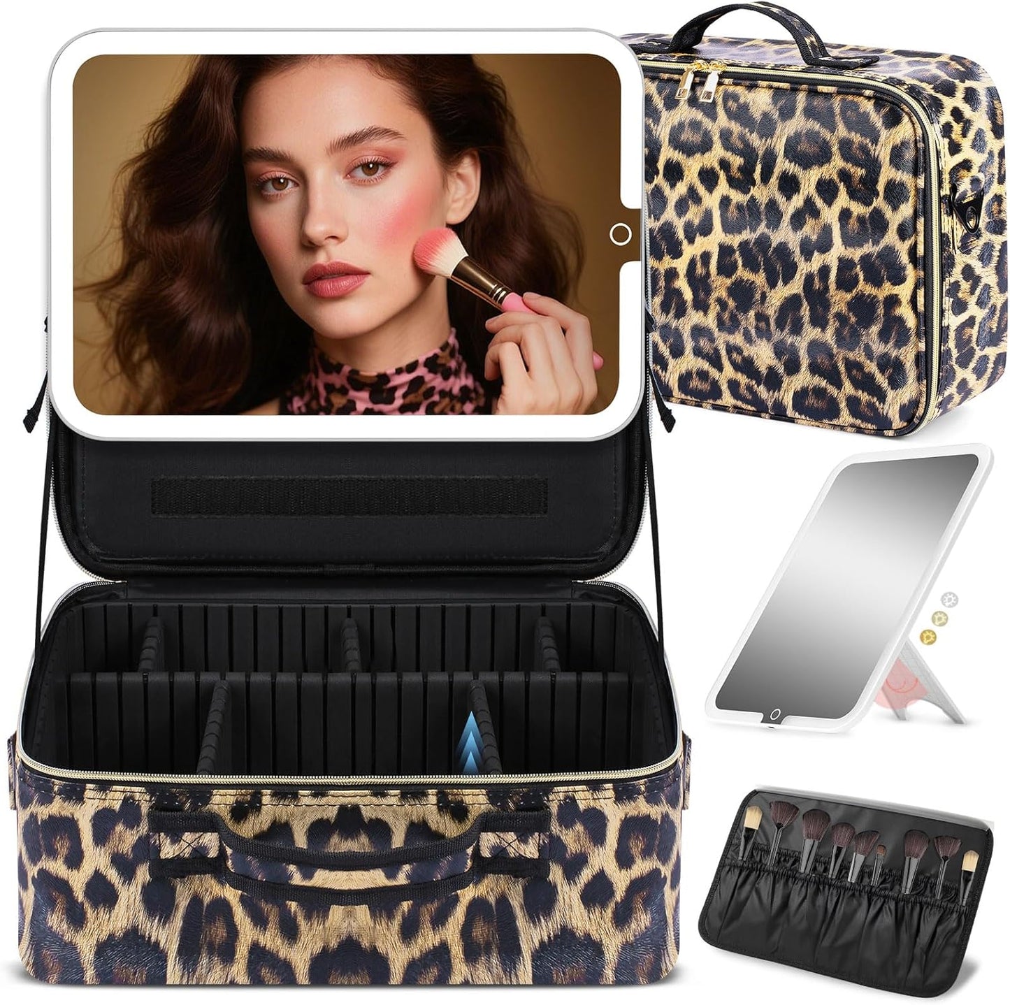Large Travel Makeup Bag with LED Mirror, 3-Color Stepless Dimming Stand Mirror Detachable, with Adjustable Divider, Makeup Brush Holder Storage (Leopard)
