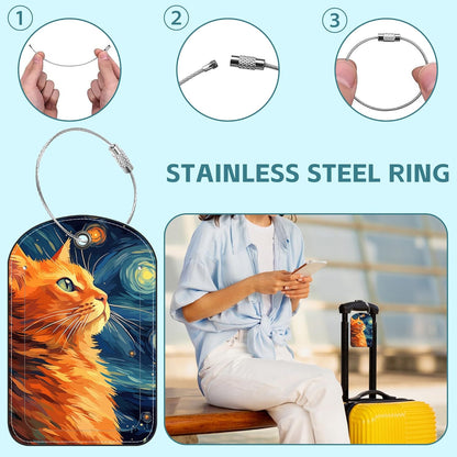 Black Cat and Sky Luggage Tag for Suitcase Set of 2 PU Leather Cute Luggage Tags with Stainless Metal Loop ID Label Privacy Flap Suitcase Tags for Women and Men Travel