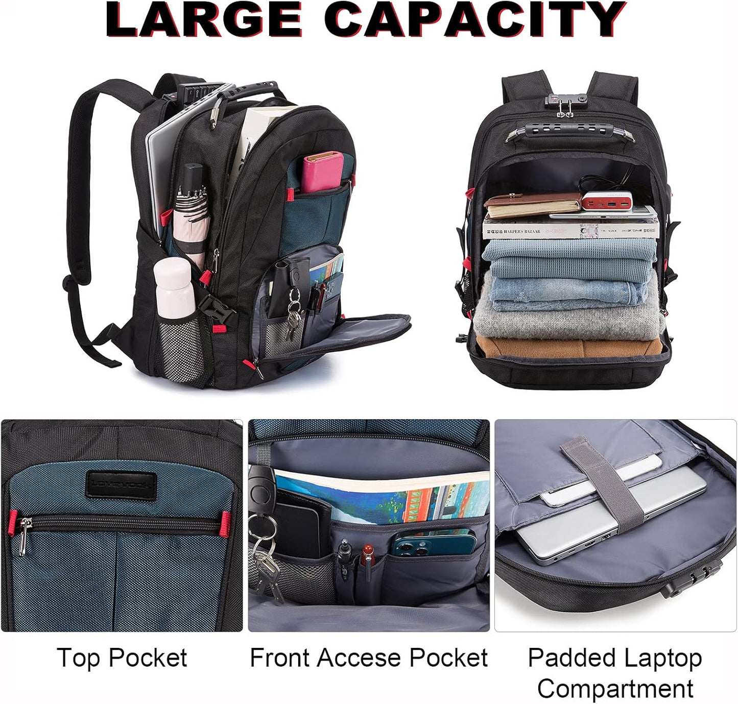 LOVEVOOK Travel Backpack for Men 17inch Large Work Backpack for Men Large Capacity Lockable Mochilas para Hombres Waterproof Computer Backpack for Work Business Travel College (17 inch，Dark-Blue)