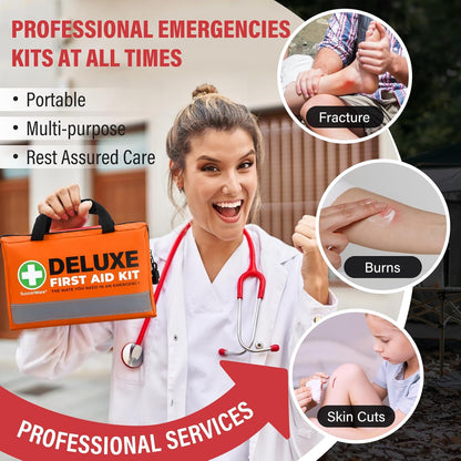 380 Pieces Deluxe First Aid Kit Compact Trauma Medical Kits with Assorted Bandages, Instant Cold Pack, Emergency Blanket for Home, Travel, Camping, Vehicle, Emergency Kits(Orange)