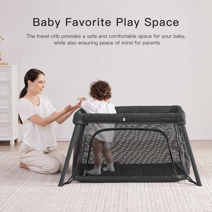 2 in 1 Portable Travel Crib for Toddler, Foldable Crib for Baby, Lightweight Playpen Collapsible Playard with Soft Mattress, Easy to Carry Baby Travel Bed for Outdoor, Indoor (Black)