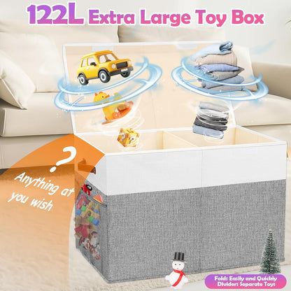 Large Toy Storage Box with Lid, Collapsible Sturdy Toys Storage Organizer Chest Bin Basket with Mesh Divider for Kids, Boys, Girls, Closet, Playroom, Bedroom, Nursery, 26"x17"x17" (Gray and White)