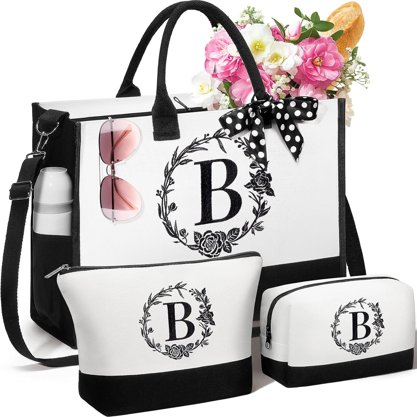 Personalized Mothers Day Gifts for Mom Women, Initial Canvas Tote Bag & Makeup Bag Monogrammed Beach Tote Bag for Women w/Zipper, Birthday Gifts for Her Sister Friend Girlfriend Wife Daughter Teacher