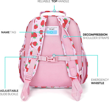 mibasies Girls Backpack 5-8: Lightweight Kids Backpacks for Girls - Girl Bookbag for Elementary School - Strawberry Heart-shaped Pink