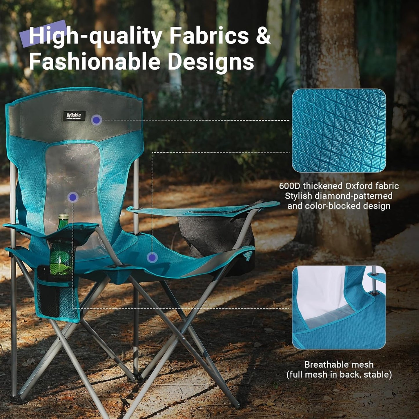 Camping Folding Chair Outdoor Lawn Portable Lightweight Camp Folding Chairs for Adult Outside with Cup Holder, Cooler Pouch & Side Pocket for Camping, Beach, Fishing, Sports or Tailgating Events